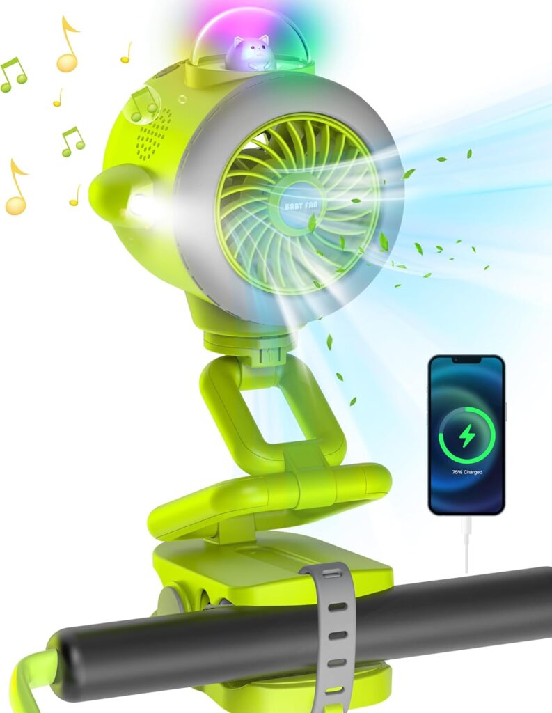 Portable Stroller Baby Fan, 5000mAh Battery Operated Clip Baby Bluetooth 5.1/Colorful LEDs/Flashlight, 5 Speeds 15H Work Time 120° Auto Oscillating Desk Cooling Fan for Car Seat Crib Travel