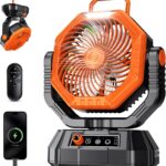 AJVV Camping Fan Rechargeable, Battery Powered Fan With Remote Controller, LED Light, Dual Motors, Stepless Speed, 45°/90°/270° Swing,Timer, Portable fan For Travel Tent Bedroom Beach Fishing, Orange