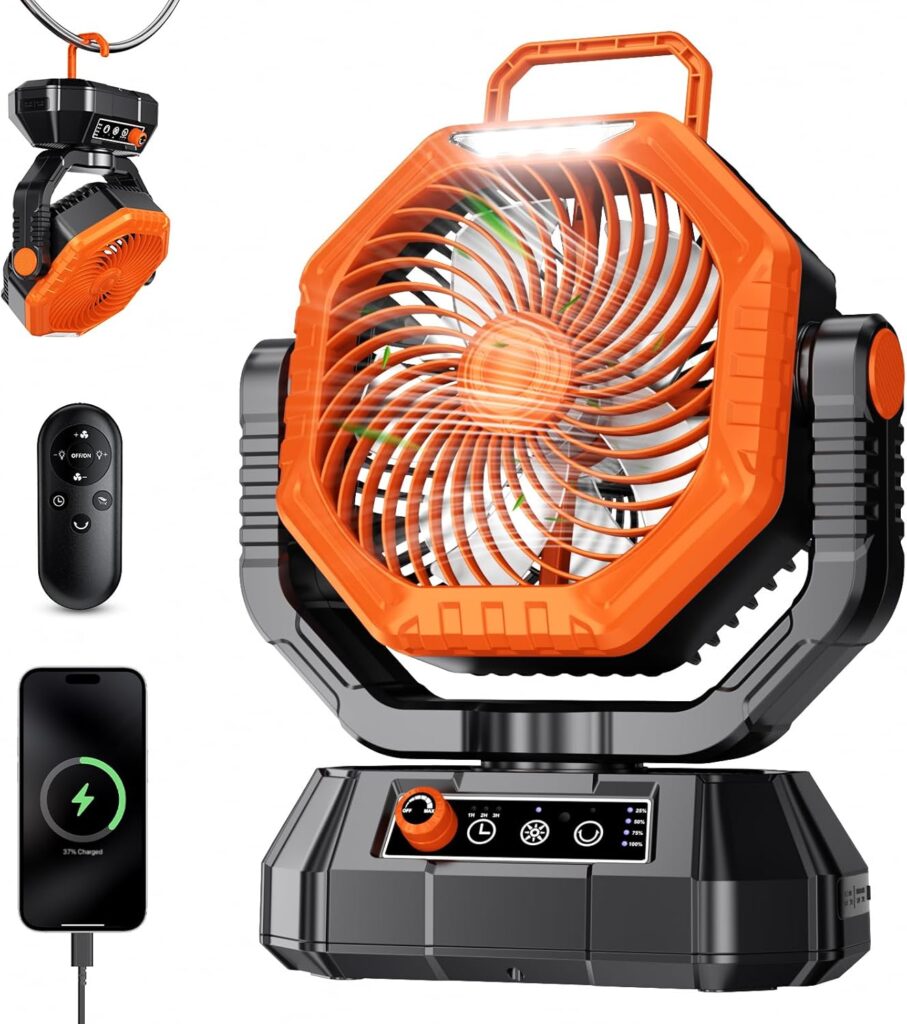AJVV Camping Fan Rechargeable, Battery Powered Fan With Remote Controller, LED Light, Dual Motors, Stepless Speed, 45°/90°/270° Swing,Timer, Portable fan For Travel Tent Bedroom Beach Fishing, Orange