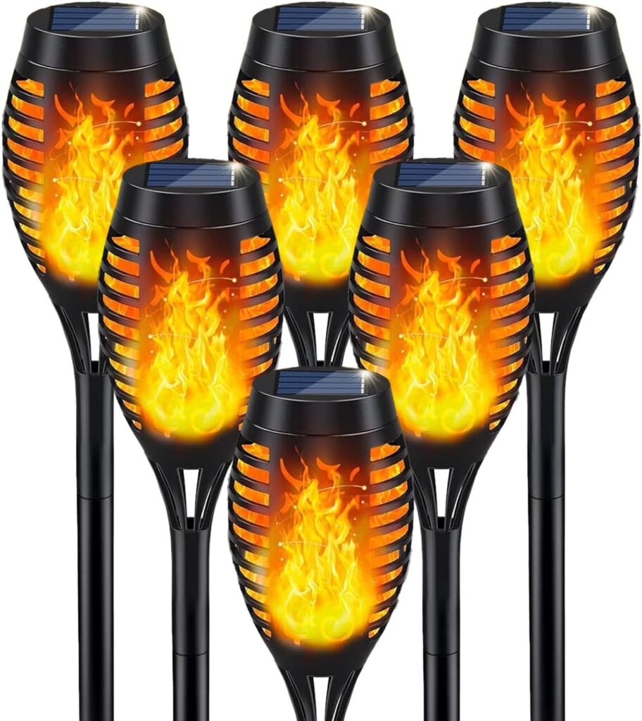 Solar Torch Lights Outdoor, IP65 Waterproof with Realistic Flickering Flame – Auto On/Off Garden Lights for Patio, Yard, Pathway, Enchanting Party Decor (6Pack)