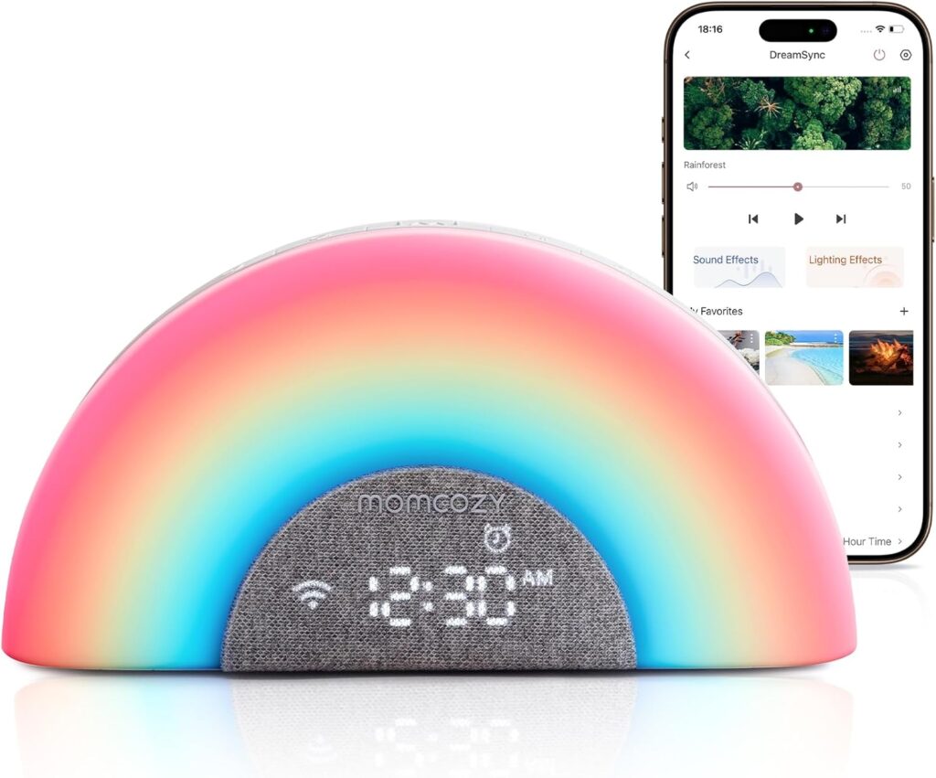 Momcozy Baby Sound Machine & Night Light–White Noise Machine with App Control, Sunrise Alarm, 34 Soothing Sounds–Sleep Trainer for Newborns & Toddlers, Travel Nursery Essential