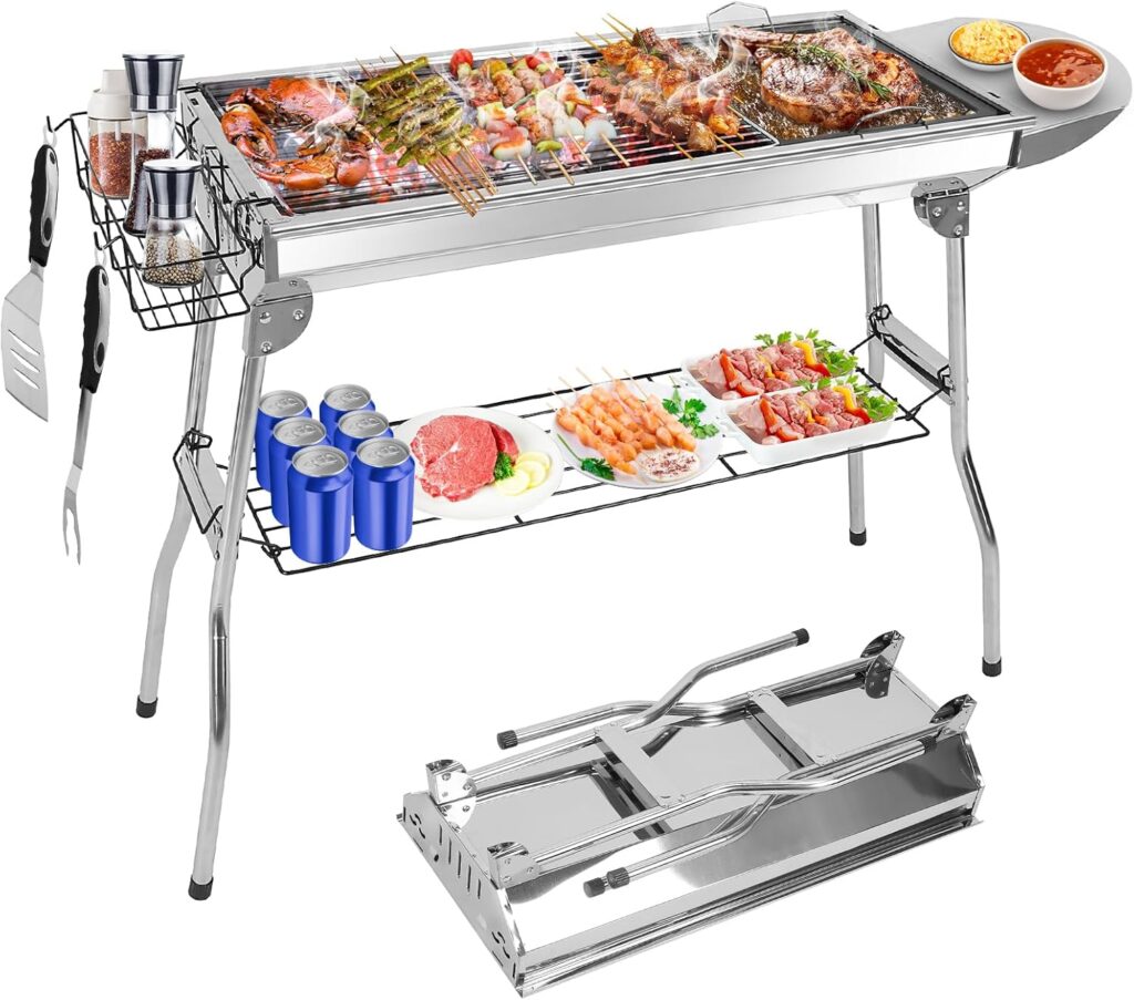 Portable Charcoal Grill, Large Stainless Steel Folding BBQ Grill with Storage Shelf, Foldable Barbecue Grill for Outdoor Cooking Camping Hiking Backyard Garden Picnic Parties Kabob (39×13.4×28 Inch)