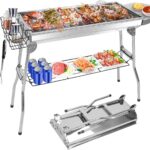 Portable Charcoal Grill, Large Stainless Steel Folding BBQ Grill with Storage Shelf, Foldable Barbecue Grill for Outdoor Cooking Camping Hiking Backyard Garden Picnic Parties Kabob (39×13.4×28 Inch)