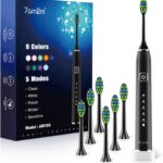 7AM2M Sonic Electric Toothbrush with 6 Brush Heads for Adults&Kids, One Charge for 120 Days, Wireless Fast Charge, 5 Modes, 40000VPM Powered Toothbrush, 2 Minutes Built in Smart Timer (Black)