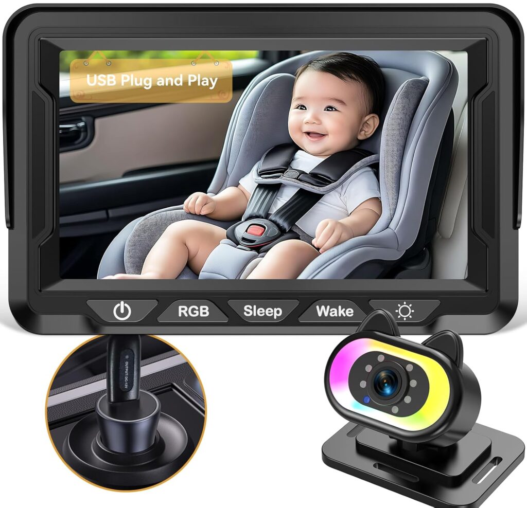 Baby Car Camera HD 1080P – 150° Wide Angle, Night Vision, Adjustable View, LED Lights, Easy Installation, Infant Safety, Rear Seat Monitoring for Car Travel