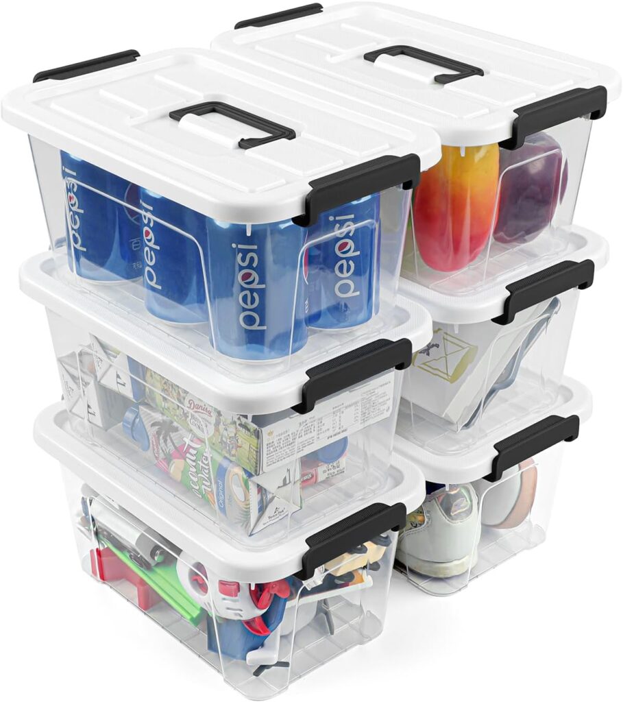 NUMIFUN Plastic Storage Bins With Lids 6 Pack Storage Organizer Bins, 7 Quart Stackable Storage Bins with Lids and Black Handle Buckle Easy for Home Office Organization, White Lids