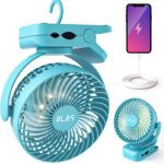Clip on Fan 65Hrs Camping Fan with LED Light, 12000mAh Battery Operated Fans & PortableFan Rechargeable, Small Desk Fans USB TravelFan for Tent Camping Golf Stroller, Blue