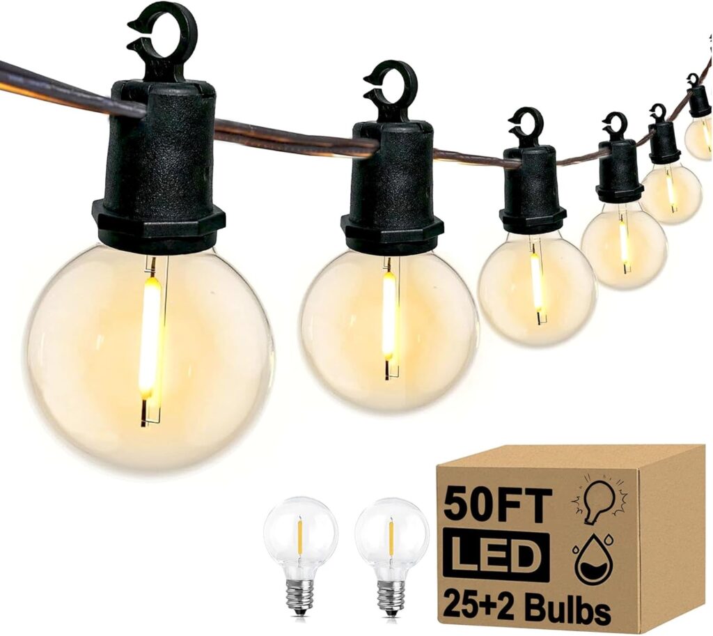 50Ft LED G40 Globe Outdoor String Lights Waterproof Patio Lights with 27 Shatterproof Warm White Bulbs, Hanging Outdoor Light for Backyard Balcony Wedding Christmas Party Decorations, Black Wire