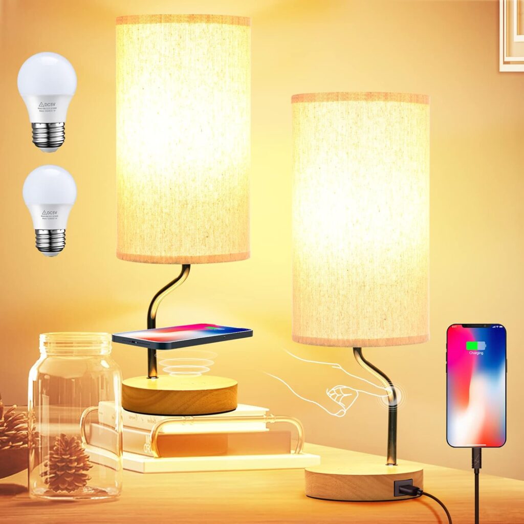 Smart Bedside Table Lamp Set of 2 with Wireless Charger & USB Port – Touch Control LED Desk Lamp for Bedroom, Dimmable Wooden Nightstand Lamp with Fabric Shade for Living Room, Kid’s Room,(Cream)