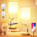 Smart Bedside Table Lamp Set of 2 with Wireless Charger & USB Port – Touch Control LED Desk Lamp for Bedroom, Dimmable Wooden Nightstand Lamp with Fabric Shade for Living Room, Kid’s Room,(Cream)