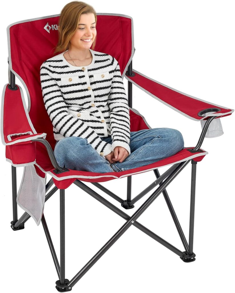 KingCamp Portable Folding Camping Quad Chair, Oversized Fully Cushioned Seat with Side Pocket and Cup Holder, for Tailgates, Beach, Lawn