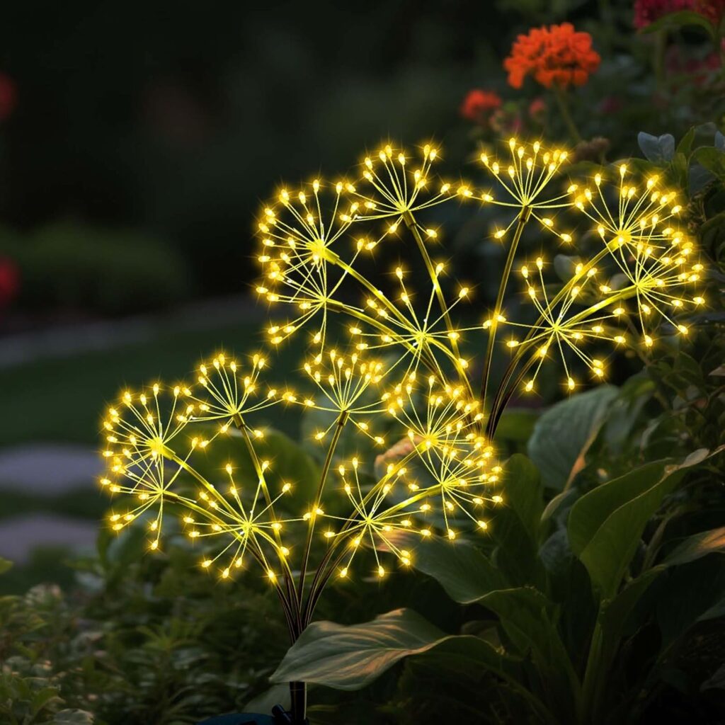 Solar Firework Lights Outdoor, 2 Pack Fairy Lights 160LED with 8 Modes, Warm White Solar Garden Lights for Yard Pathway Lawn Patio Landscape Decor (2pcs Flower Lanterns)