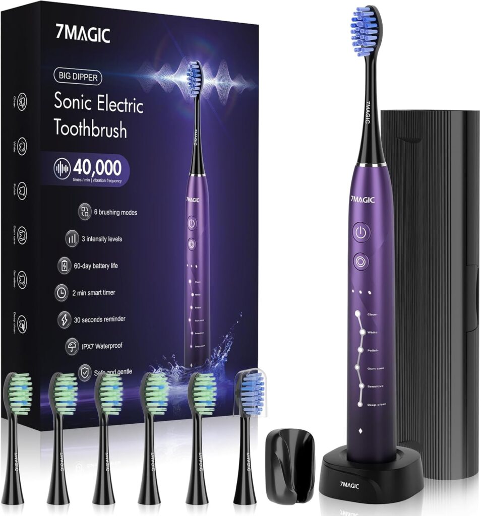Electric Toothbrush for Adults, Sonic Toothbrush with 6 Mode & 3 Intensity, 40000 VPM Deep Clean Toothbrush with 6 Brush Heads & Travel Case, Wireless Charging, 60 Days Battery Life, 2-Min Smart Timer