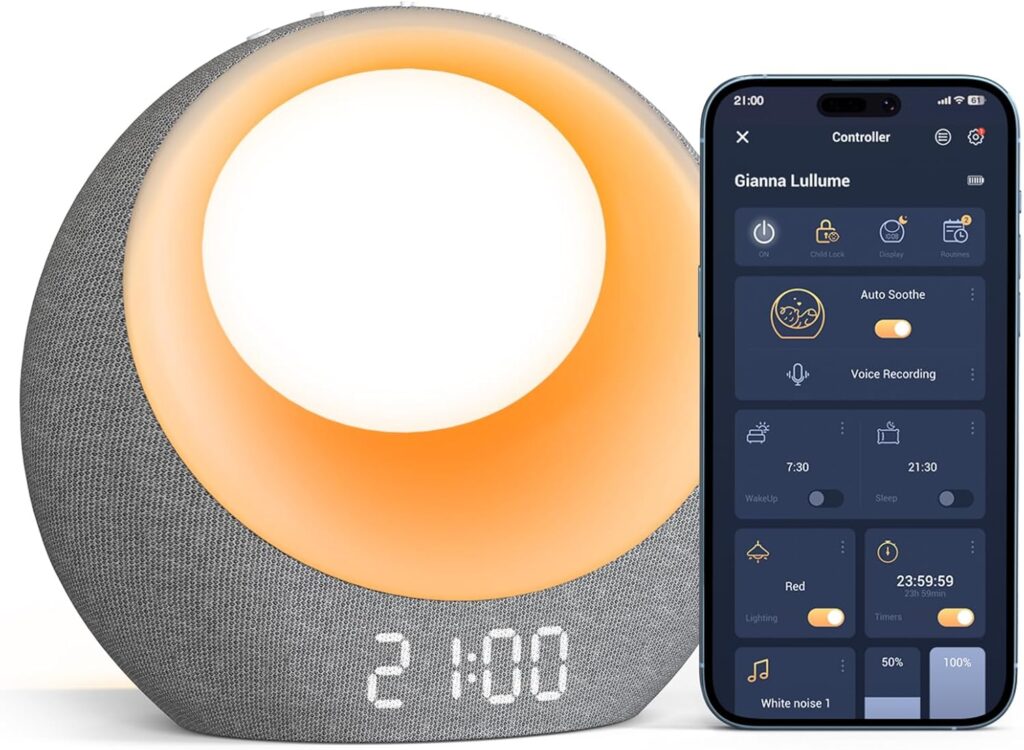 Gianna Baby Sound Machine – Auto-Soothing, Customizable Recording, 26 Soothing Sounds, 8 Eye-Care Lights, APP-Controlled White Noise Machine, Rechargeable Sleep Trainer – Ideal for Nurseries, Bedrooms