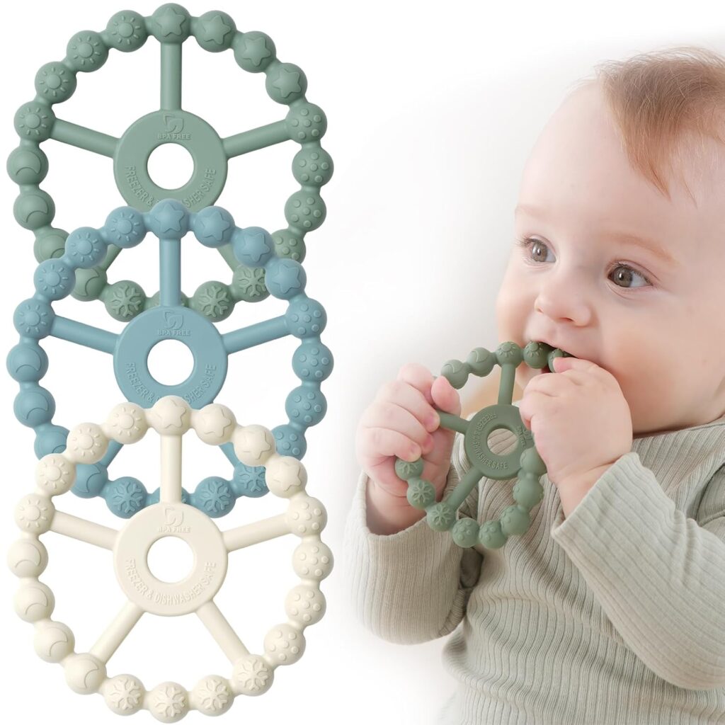 3 Pack Ring Teether Baby Infant Toys, Baby Essentials, Silicone Teething Ring Toys for Babies 6 Months, Seposeve Toddler Teethers 6-12 Months 12-24 Months, Infant Teething Relief, Green Blue White