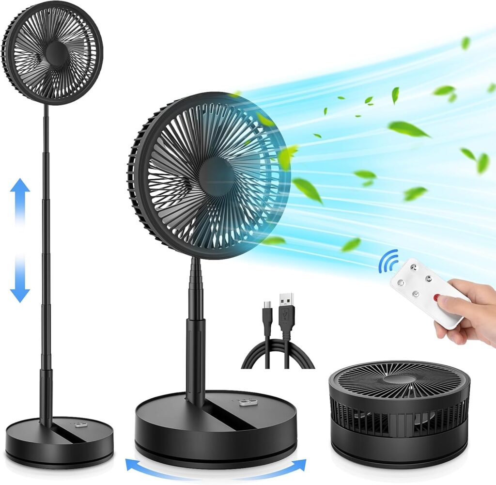 LIPETY Portable Foldable Rechargeable Oscillating Fan – 9″ 7200mah Battery Operated USB C Small Fan Remote, Quiet Table Desk Fan Folding Standing Pedestal Fans for Bedroom Rome Office Camping Travel