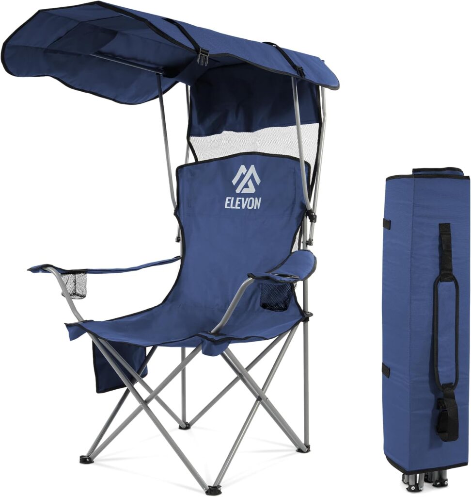 Elevon Camping Chair, Oversized Folding Chair with Canopy, Portable Outdoor Chair with Arms, Cup Holder and Carry Bag for Camping, Fishing, Beach, and Sports, Indigo
