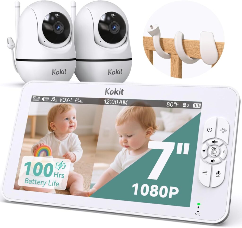 7″ 1080P Full HD Split-Screen Baby Monitor,100 Hrs 5000mAh Battery Runs 4 Days with Flexible Bracket,No WiFi Baby Monitor with 2 FHD Cameras Hack-Proof,4X Zoom,2-Way Talk,Temp Alert/Lullabies/VOX