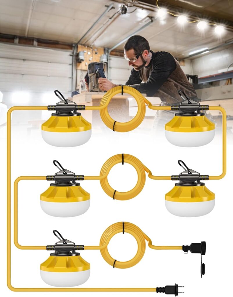 HYPERLITE Construction String Lights: 50FT 5 Bulbs Work Lights with Climbing Hooks – IP65 Waterproof Linkable LED Industrial Temporary Lighting for Construction Sites Attic Crawlspace Renovation