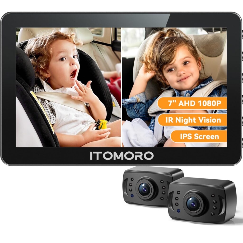 Itomoro Rear Facing Mirrors, 2 Kids Baby Car Camera, 7” Ultra Wide 1080P HD Display with 2 IR Night Vision Cameras, 150° Wide Angle, 360° Rotatable, Easy Install