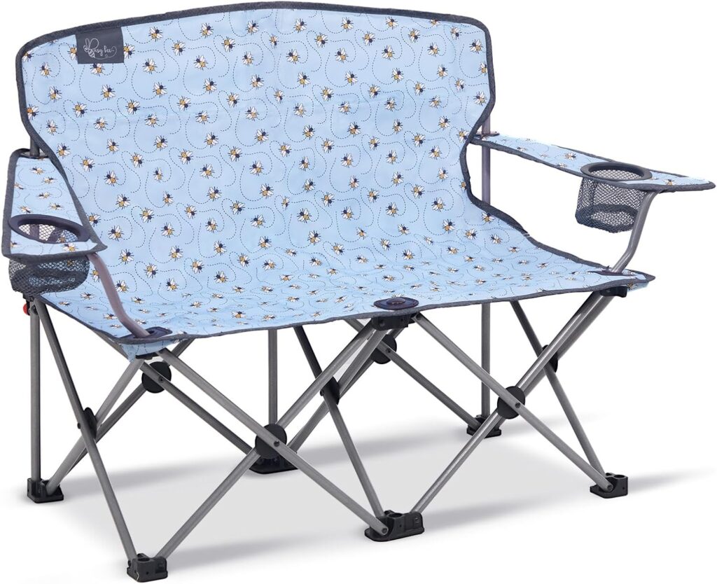 Busy Bee Kids Camping Chair, 30.3″ Wide Loveseat, Perfect Child Couch for Home Movie Nights, Patios, or Picnics, Adjustable Arms, Cup Holders and Anti-Collapse Lock, Supports up to 300 Lbs.