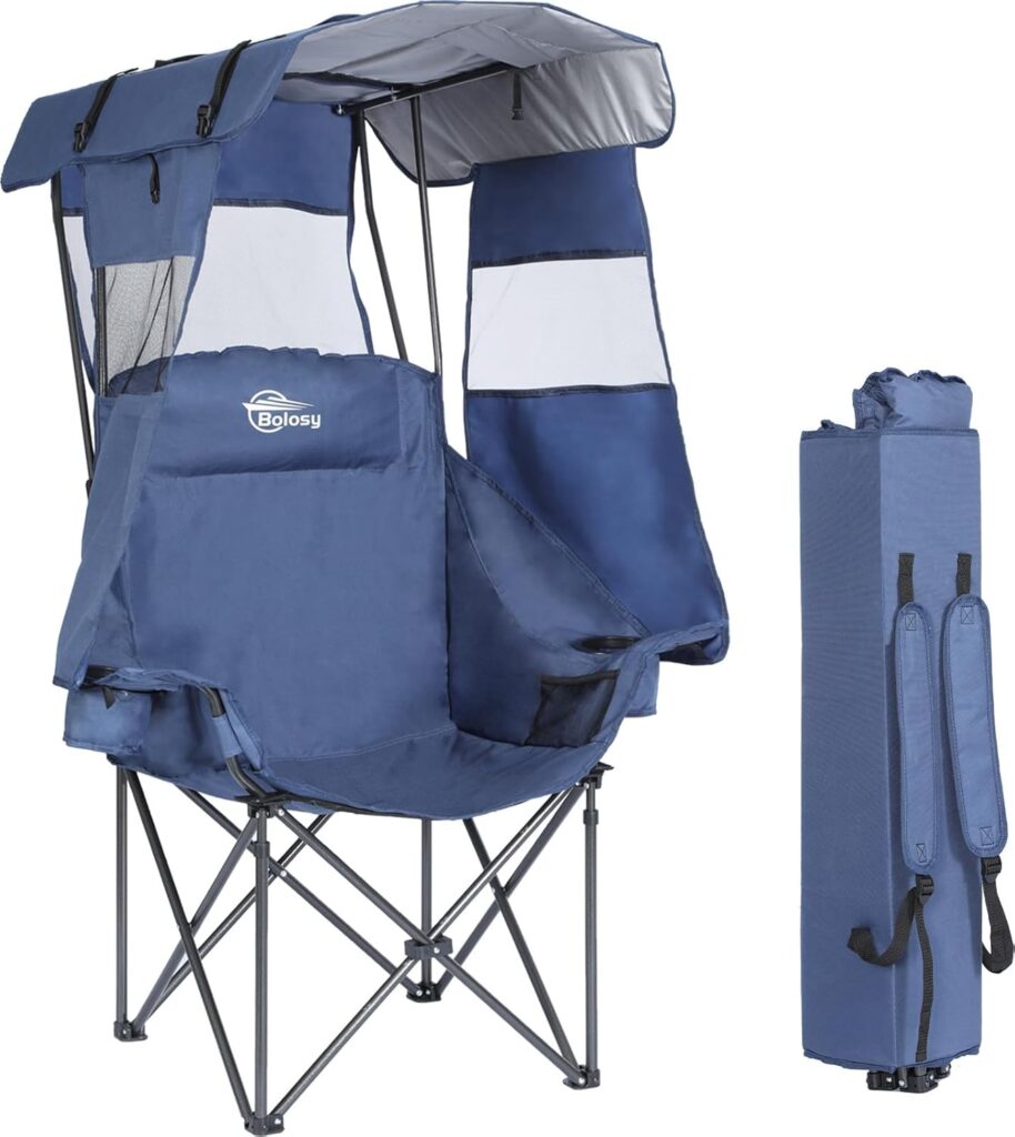 Camping Chair with Canopy Beach Chair with Canopy Shade Oversized Folding Canopy Chair for Camping, Beach, Picnics, Fishing, Sports – High Back, Padded Headrest, Cup Holder, Pocket – Support 400 LBS