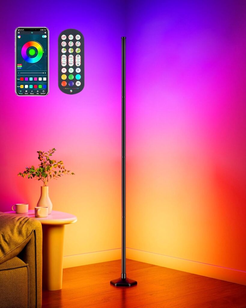 Smart RGB LED Corner Floor Lamp with App and Remote Control, 65″ Color Changing Standing Lamp with Music Sync and 16 Million DIY Colors, Modern Floor Lamps for Bedroom Living Room Gaming Rooms
