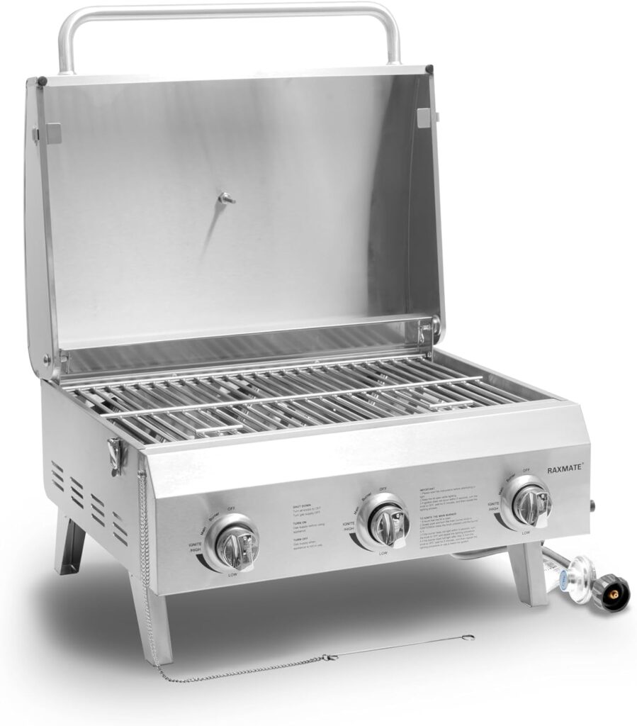 Portable Propane Gas Grill, 22″ Stainless Steel Tabletop Grill with 3 Burners, Foldable Legs, 30000BTU, Perfect for Camping, Tailgating, RV Trips & Backyard BBQs