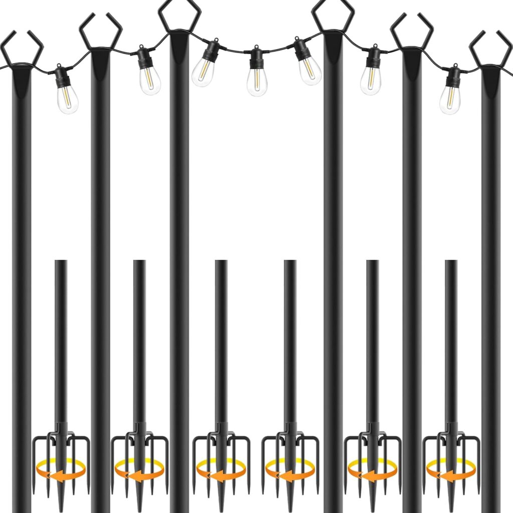 6 Pack 10 ft Heavy Duty Metal String Light Poles Adjustable Outdoor Lighting Stand for Patio,Backyard,Garden,Party & Wedding Rustproof & Sturdy with Hooks