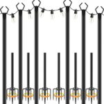 6 Pack 10 ft Heavy Duty Metal String Light Poles Adjustable Outdoor Lighting Stand for Patio,Backyard,Garden,Party & Wedding Rustproof & Sturdy with Hooks