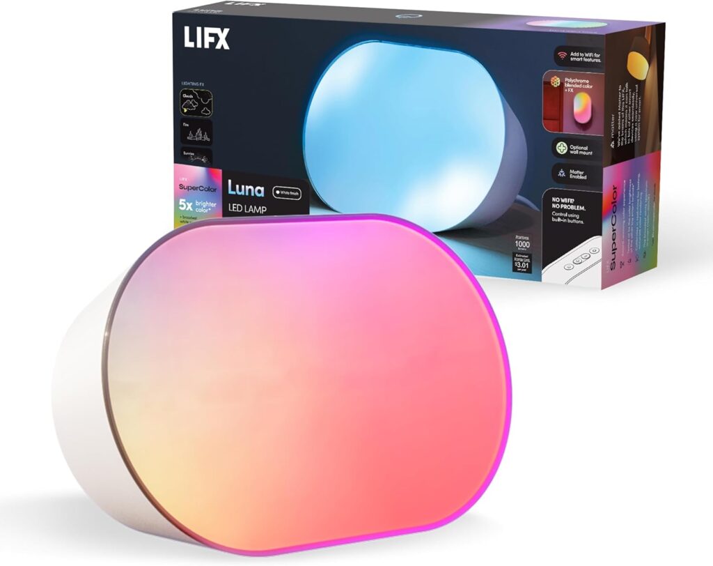LIFX Luna Smart Lamp, 1000 LM Wi-Fi & Matter 1.3 Compatible, Alexa & Apple HomeKit Compatible, Plug-In Bedside Table Lamp & Wall-Mount, Color Changing Wall Wash, Sunrise/Sunset Effect, No Hub Required