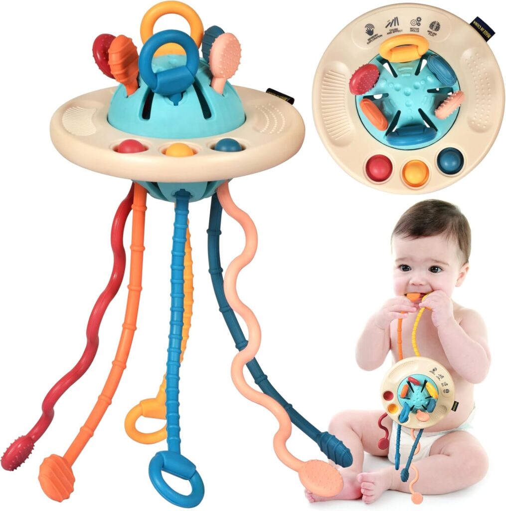 Baby Sensory Montessori Teething Toys for 24 Months, Pull String Silicone Teething Toy for 2 3 Year Old, Sensory Development Toddler Travel Toys for 2-3 Year Old Boy Girl Birthday Gifts (White)