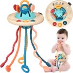 Baby Sensory Montessori Teething Toys for 24 Months, Pull String Silicone Teething Toy for 2 3 Year Old, Sensory Development Toddler Travel Toys for 2-3 Year Old Boy Girl Birthday Gifts (White)