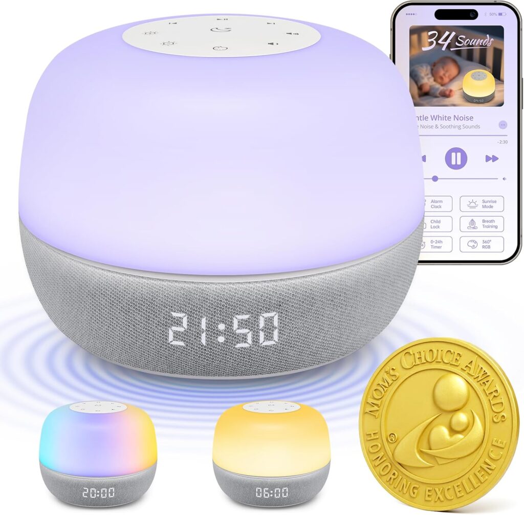 2025 Mom’s Choice Awards | Sound Machine Baby White Noise Machine with Sunrise Alarm Clock & App Control – 360° RGB Night Light, Sleep Soother for Adults & Kids, Baby Essentials for Newborns