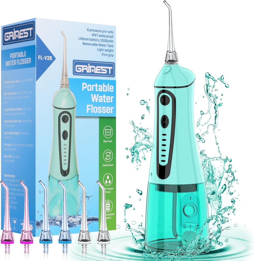 Water Dental Pik Flosser,Grinest 7 Modes Rechargeable Water Dental Picks for Teeth Cleaning Cordless Oral Irrigator Portable IPX7 Waterproof Tooth flossers for Home Travel-Green
