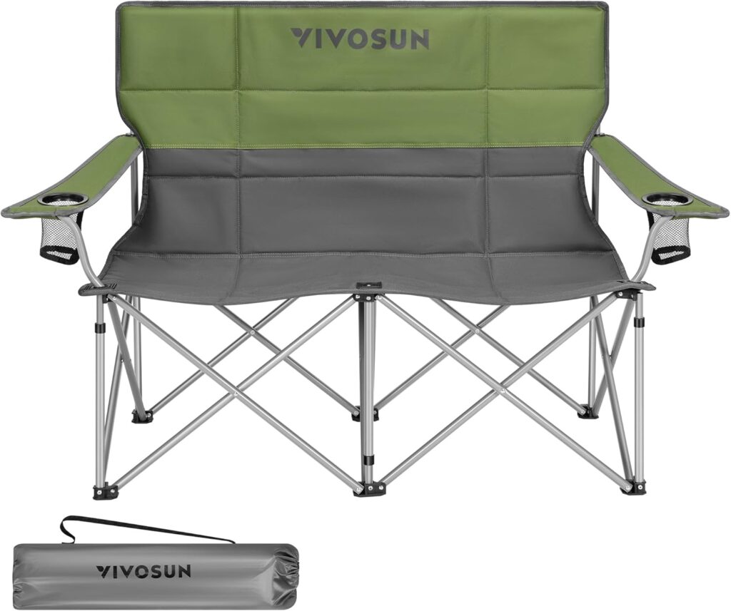 [outlets]VIVOSUN Double Camping Chair, Fully Padded Folding Loveseat, Portable Oversized Duo Chair with Storage Cup Holders, Height-adjustable Armrests & Carry Bag, Supports up to 500lbs, Green & Grey