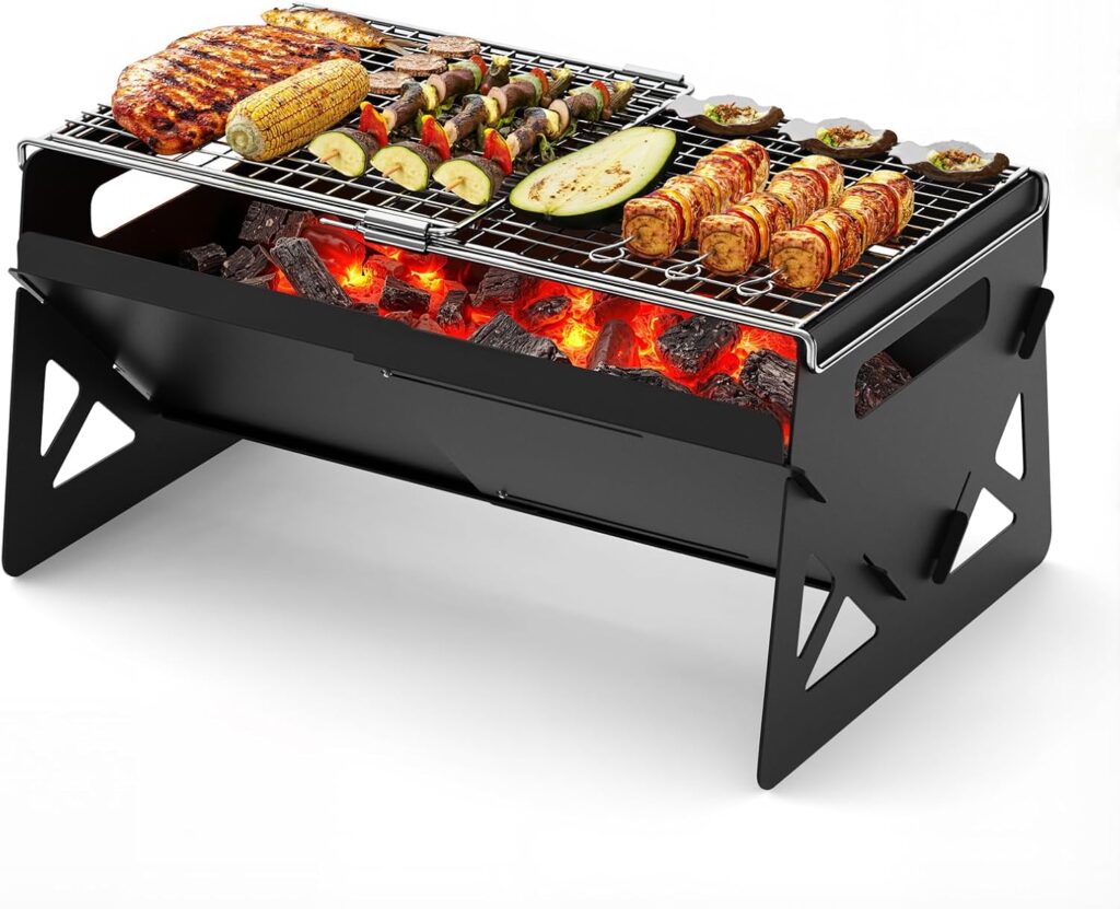 Charcoal Grill, Folding Portable Grill, with Carry Bag, Camping Firepit for Outdoor Cooking, Campfire, Patio, Backyard, Backpacking, Party, 15.35 * 12.99 * 5.51 Inches