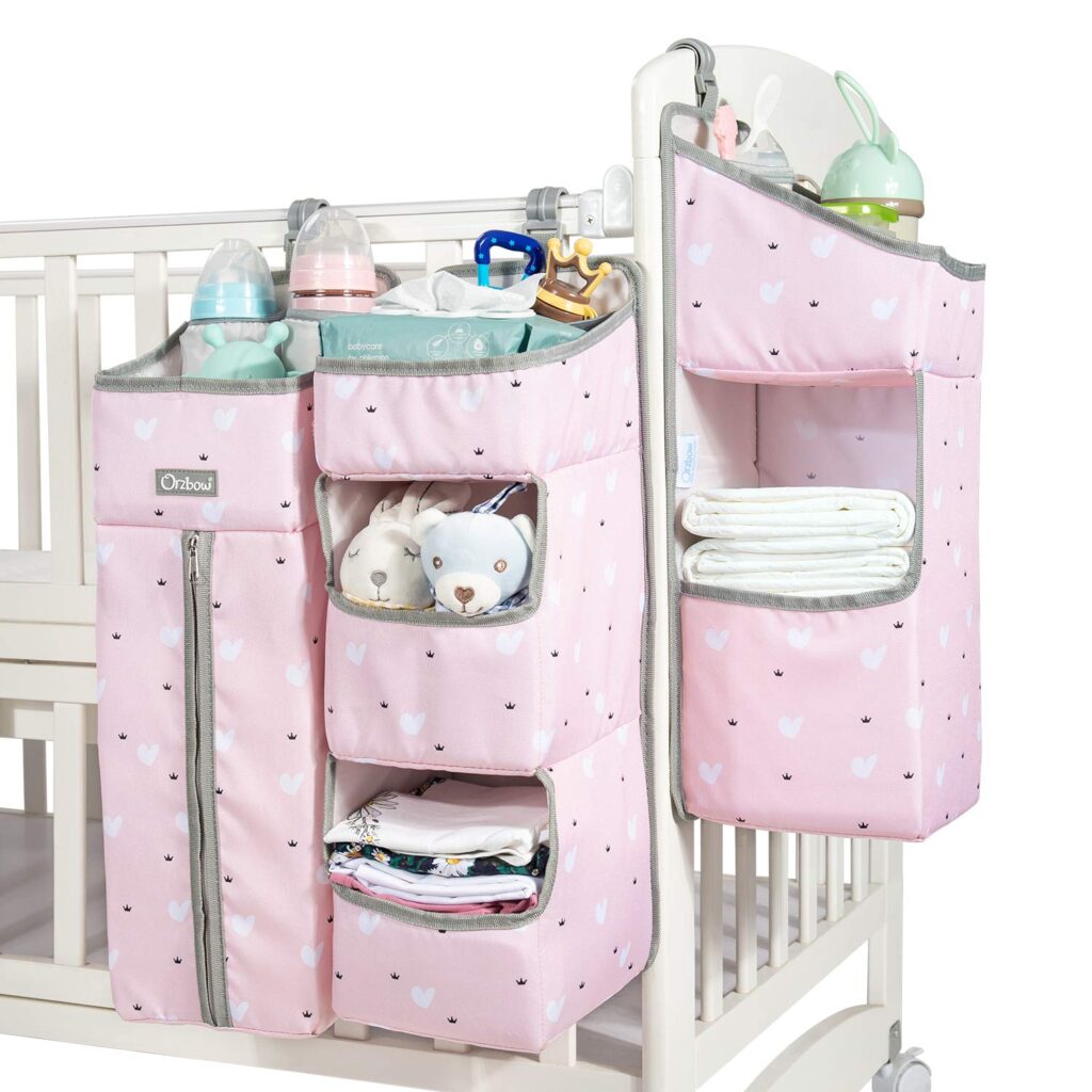 Orzbow 3-in-1 Hanging Diaper Caddy Organizer for Changing Table, Nursery Organization and Diaper Stacker for Crib Wall, Removable Diaper Organizer for Baby Girl Essentials, Pink