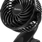 Holmes 4” On-The-Go Personal Fan with Clip – 3 Speed Settings, 360° Rotation, Rechargeable Battery, USB-C Charging, Compact & Portable Design, Black – Ideal for Desks & Personal Spaces