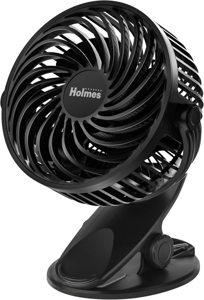 Holmes 4” On-The-Go Personal Fan with Clip – 3 Speed Settings, 360° Rotation, Rechargeable Battery, USB-C Charging, Compact & Portable Design, Black – Ideal for Desks & Personal Spaces