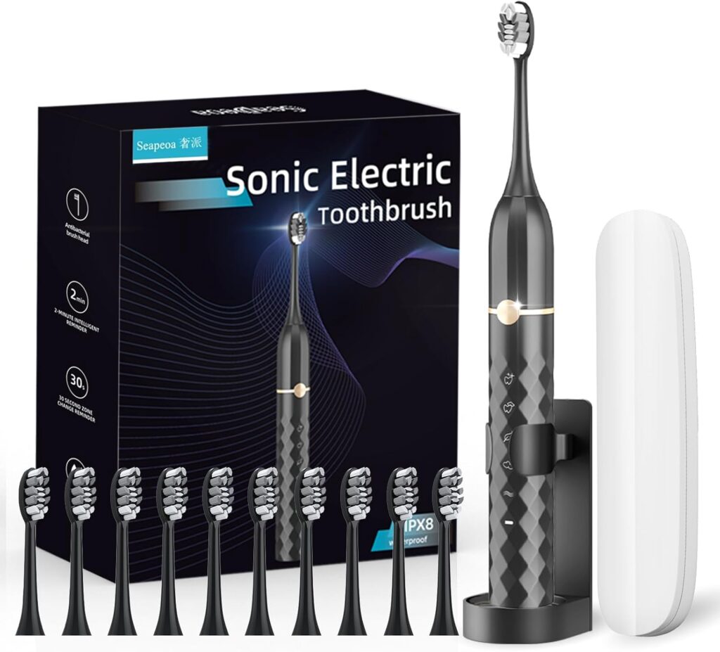 Electric Toothbrush Set, Equipped with 10 Brush Heads and Travel case, IPX8 Waterproof, 2-Minute Timer, 42000 high-Frequency Vibrations, 5 Modes, The First Choice for Gift Giving