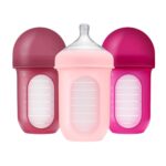 Boon Nursh Reusable Silicone Pouch Baby Bottles – Medium Flow Nipple – Silicone Baby Bottle Pouch and Nipple – Baby Feeding Essentials – Pink – 3-6 Months – 3 Count – 8 Ounce