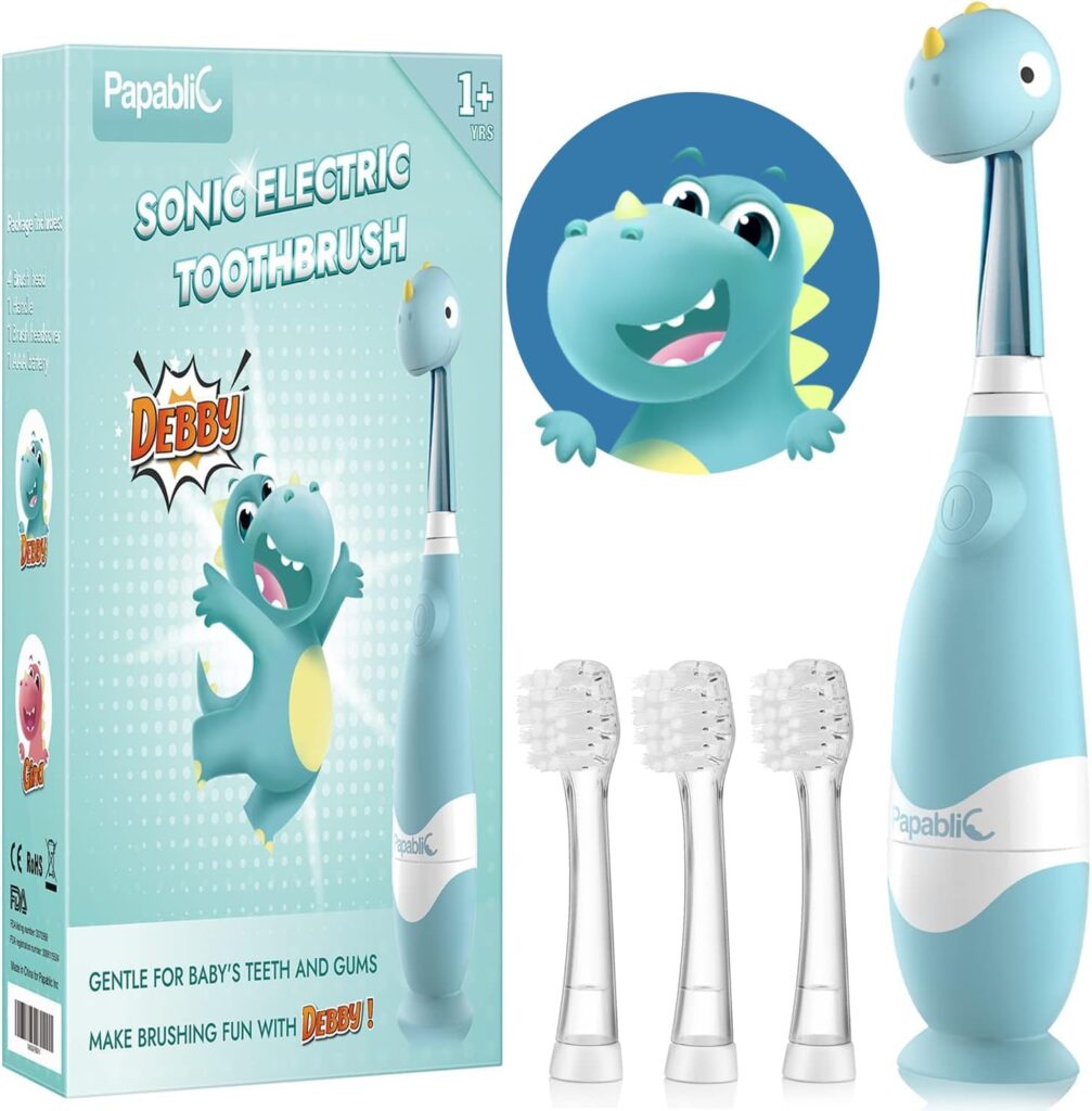 Papablic Toddler Sonic Electric Toothbrush Kids for Ages 1-3 Years, Baby Electric Toothbrush with Cute Dino Cover and Smart LED Timer, 4 Brush Heads (Debby)