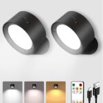 LED Wall Mounted Lights, Rechargeable Wall Sconces Lamp, 3 Color Temps & Remote and Touch, 360°Rotation Dimmable Cordless Wall Light for Study Bedroom Reading Bedside(Black, 2 Pack)