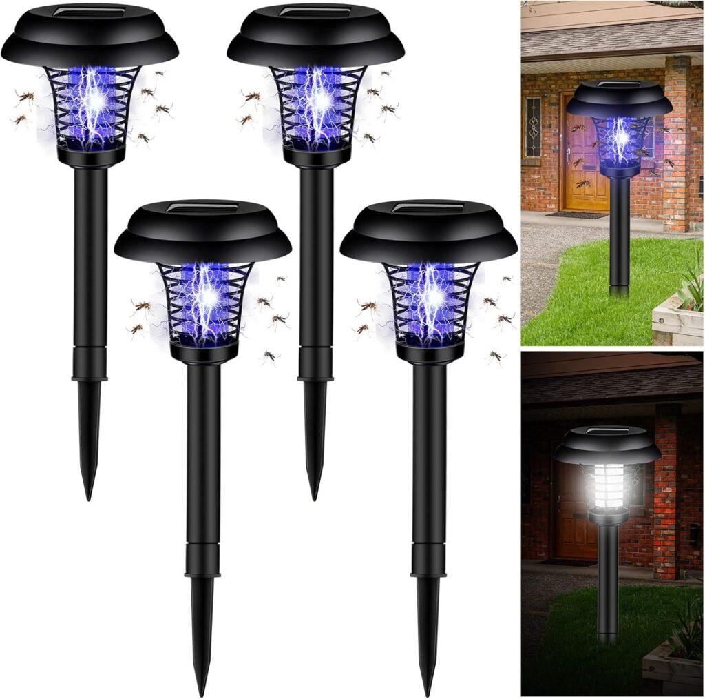 Qualirey 4 Pcs Solar Bug Zapper Waterproof Outdoor Mosquito Zapper Killer and Lighting Repellent Lamp for Indoor Outdoor Use Garden Patio, Purple and White Light(Plastic,Black)