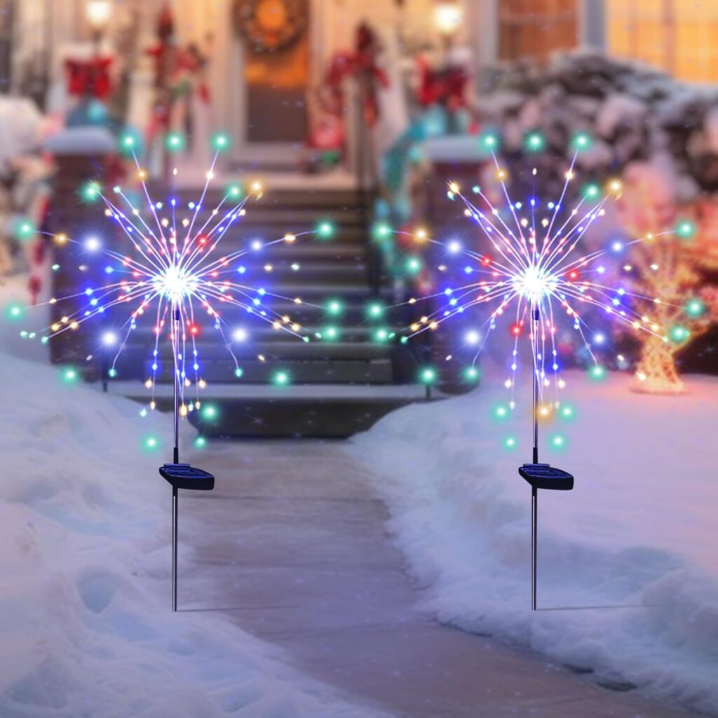 Christmas Solar Garden Lights for Outdoor Decor, Waterproof 2 Pack Solar Powered Firework Stake 120 LED Sparklers String Lights for Yard Pathway Halloween Christmas Decorations(Colorful)