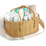 Baby Diaper Caddy Organizer Crafted Scalloped Rattan Basket with Shoulder Strap and Removable Divider Diaper Caddy Basket for Baby Shower Gifts Newborn