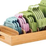 Umilife Kitchen Cabinet Organizer for Food Storage Container Lids, with Adjustable Dividers, Bamboo Drawer Caddy, Box for Kitchen Storage And Organization