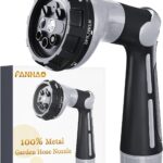 FANHAO Garden Hose Nozzle Heavy Duty, 100% Metal Water Hose Sprayer with 8 Spray Patterns, High Pressure Spray Nozzle Thumb Control On Off Valve for Lawn & Plant Watering, Car & Pet Washing – Silver