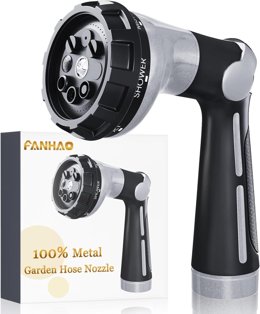 FANHAO Garden Hose Nozzle Heavy Duty, 100% Metal Water Hose Sprayer with 8 Spray Patterns, High Pressure Spray Nozzle Thumb Control On Off Valve for Lawn & Plant Watering, Car & Pet Washing – Silver